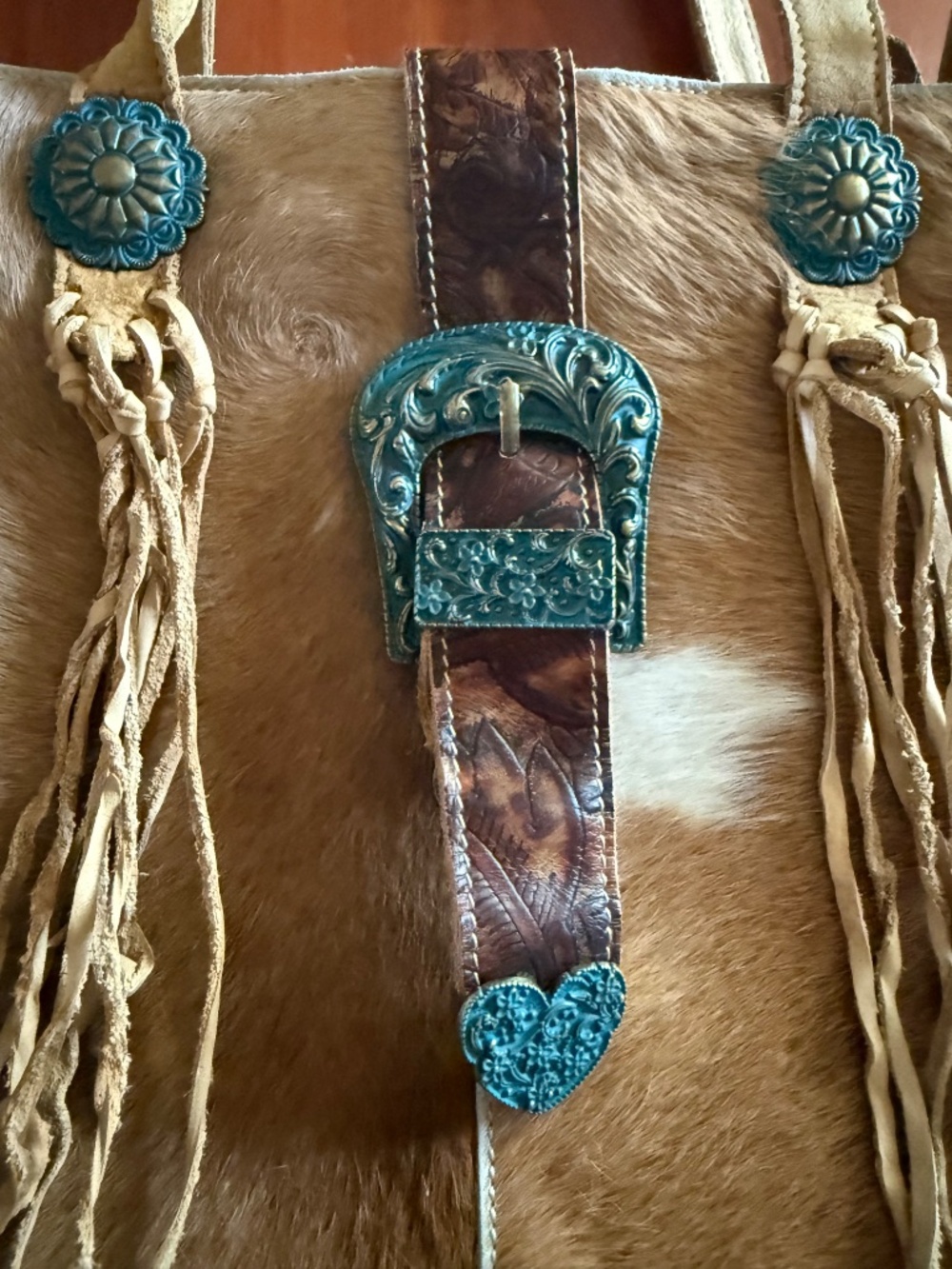 hand made leather cowhide tooled stitched fringe tote - Picture 7 of 9